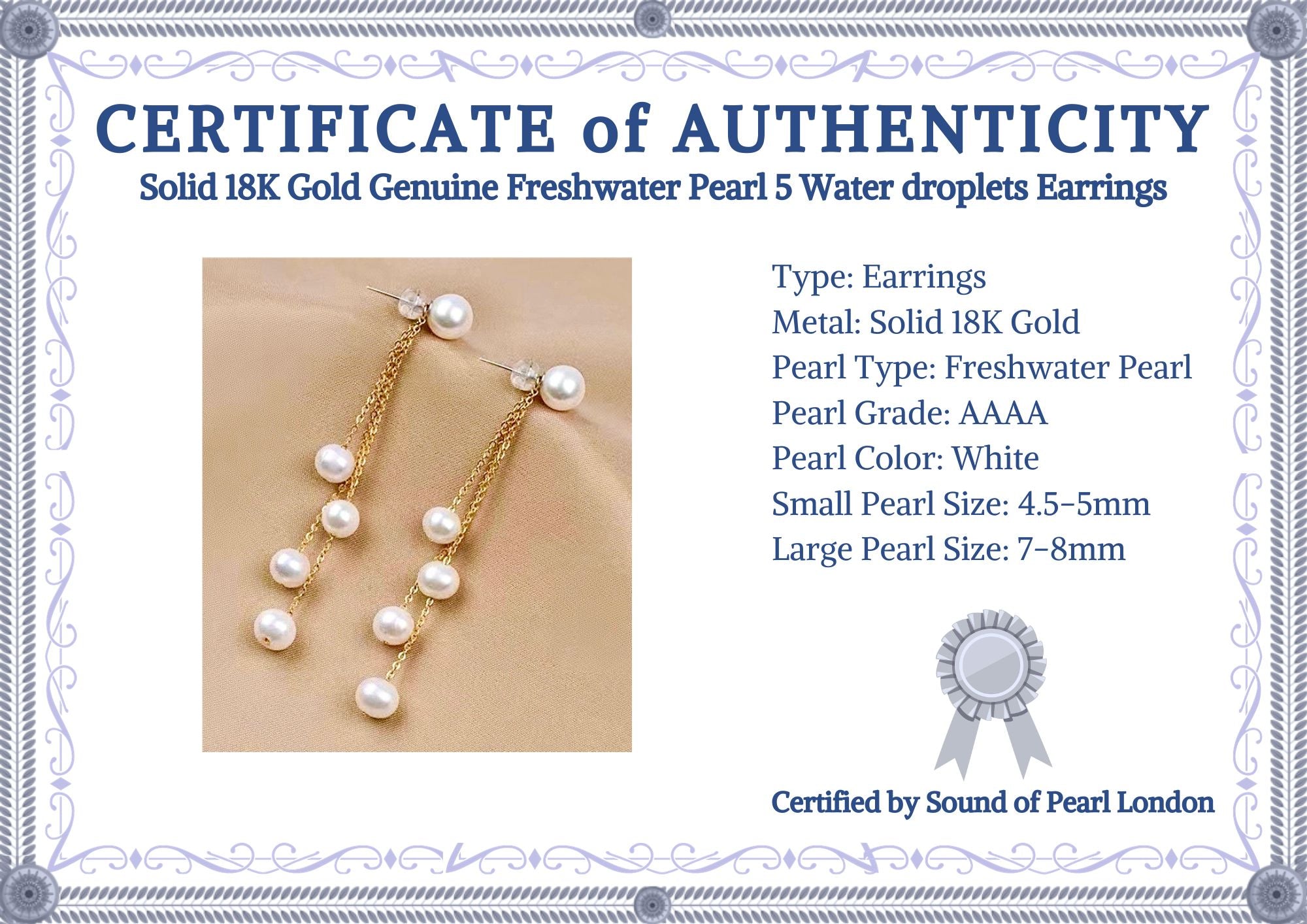 Solid 18K Gold Genuine Freshwater Pearl 5 Water droplets Earrings