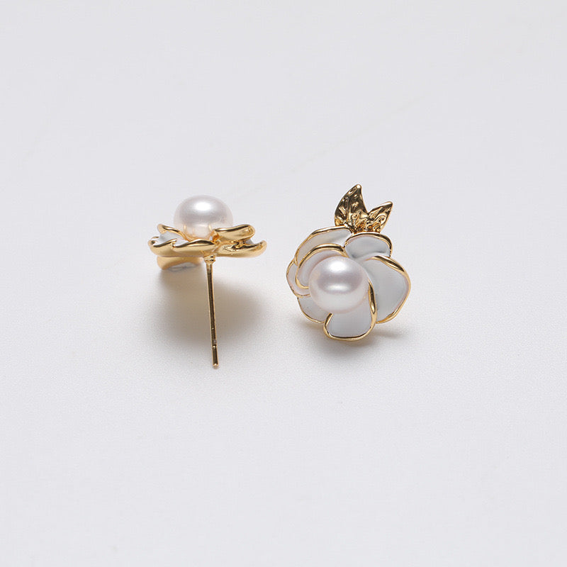 Genuine Freshwater Pearl Solid S925 Silver Camellia Earrings