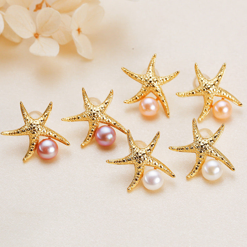 Brass Plated with 18K Gold Genuine Freshwater Pearl Starfish Earrings