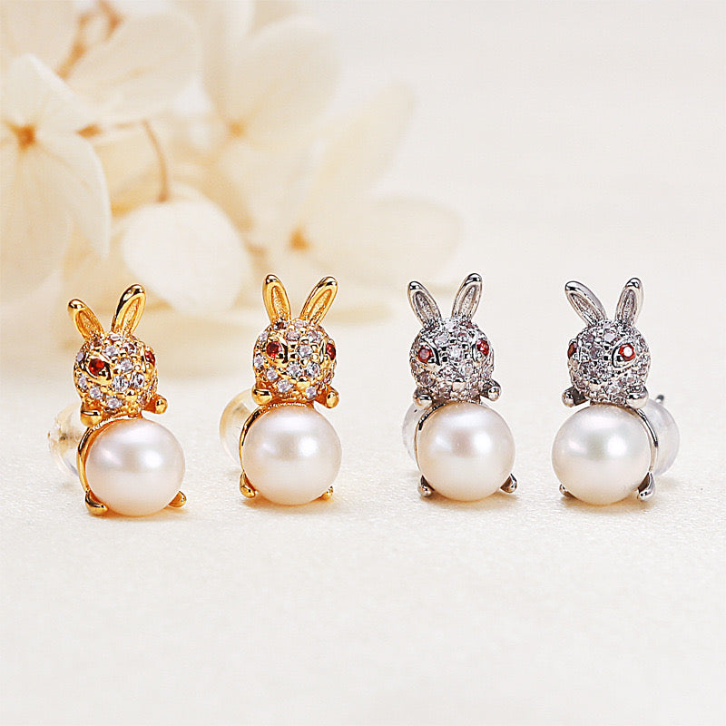 Brass Plated with 18K Gold Genuine Freshwater Pearl Rabbit Earrings