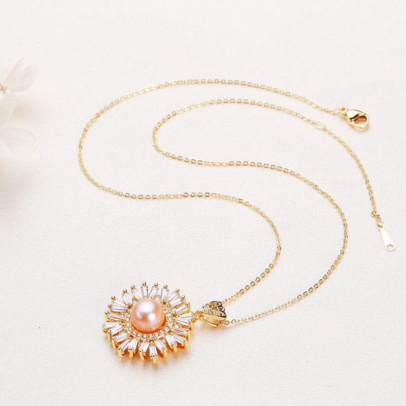 Brass Plated with 18K Gold Genuine Freshwater Pearl chrysanthemum Necklace