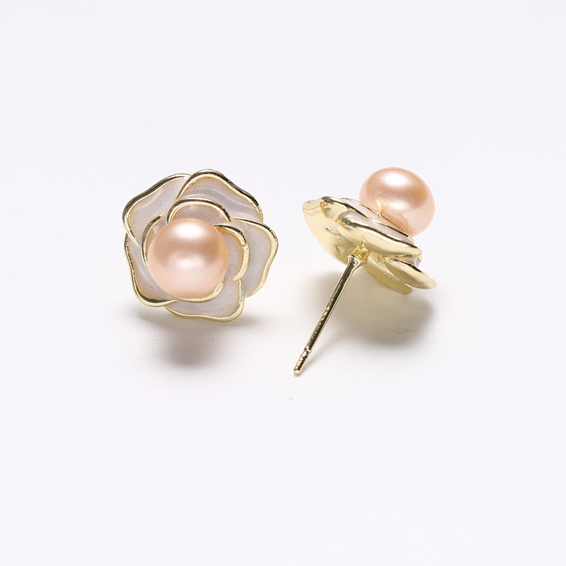 Genuine Freshwater Pearl Solid S925 Golden Rose Earrings