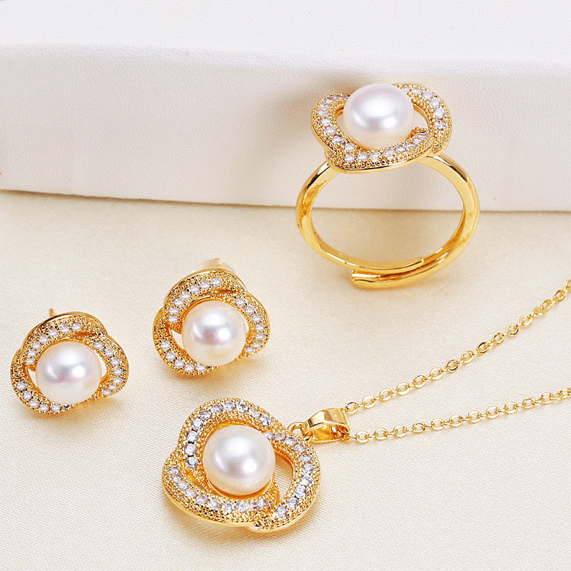 Brass Plated with 18K Gold Genuine Freshwater Pearl Loving Angle Set