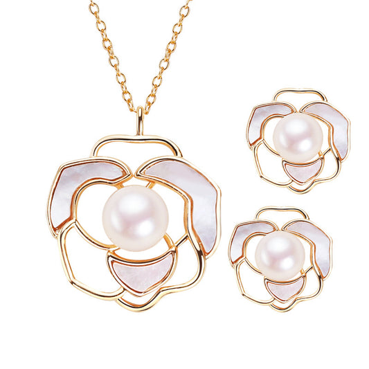 Brass Plated with 18K Gold Genuine Freshwater Pearl Camellia Set