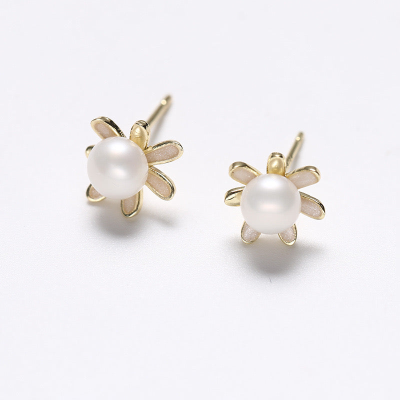 Genuine Freshwater Pearl Solid S925 Silver Golden Sunflower Earrings