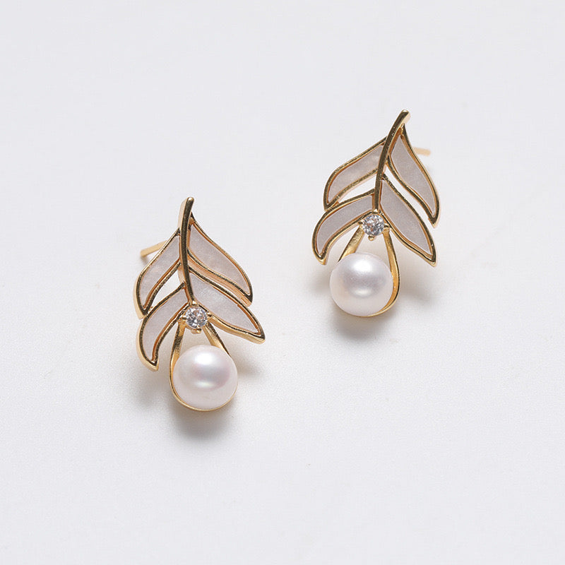 Genuine Freshwater Pearl Solid S925 Silver Lucky Leaf Earrings