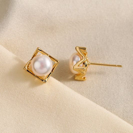 Genuine Freshwater Pearl Golden Cube Earrings