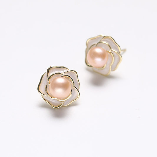 Genuine Freshwater Pearl Solid S925 Golden Rose Earrings