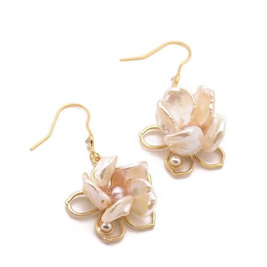 Genuine Freshwater Baroque Pearl Lotus Earrings