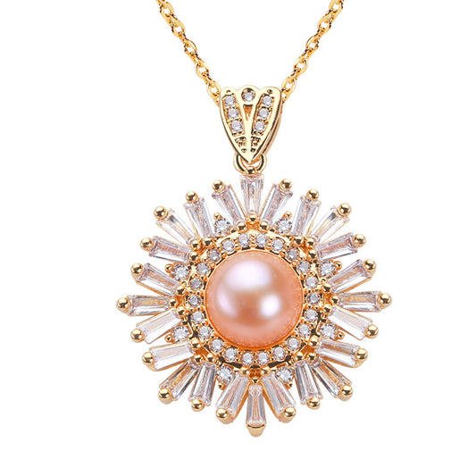 Brass Plated with 18K Gold Genuine Freshwater Pearl chrysanthemum Necklace