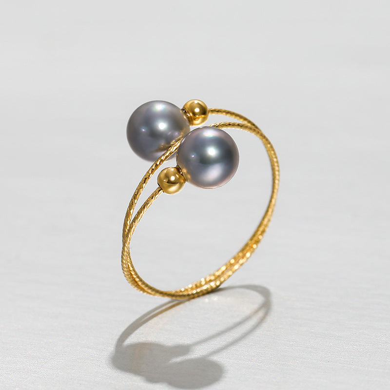 Solid 18K Gold Genuine Akoya Pearl Black Phantom Ring