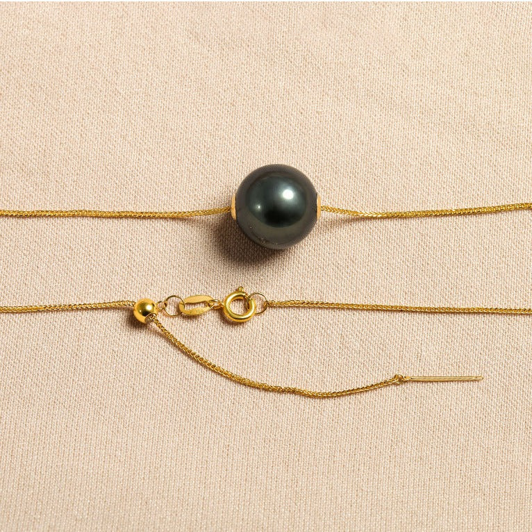 Solid 18K Gold Genuine AAAA 9-10mm Tahitian Pearl Phantom Necklace