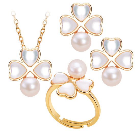 Brass Plated with 18K Gold Genuine Freshwater Pearl Lucky Clover Set