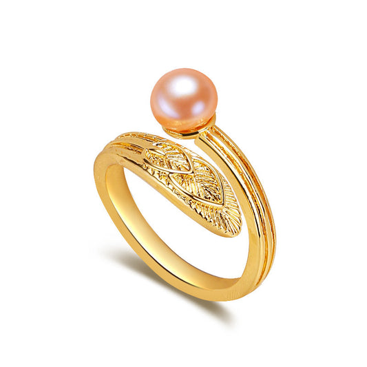 Brass Plated with 18K Gold Genuine Freshwater Pearl Wings Ring