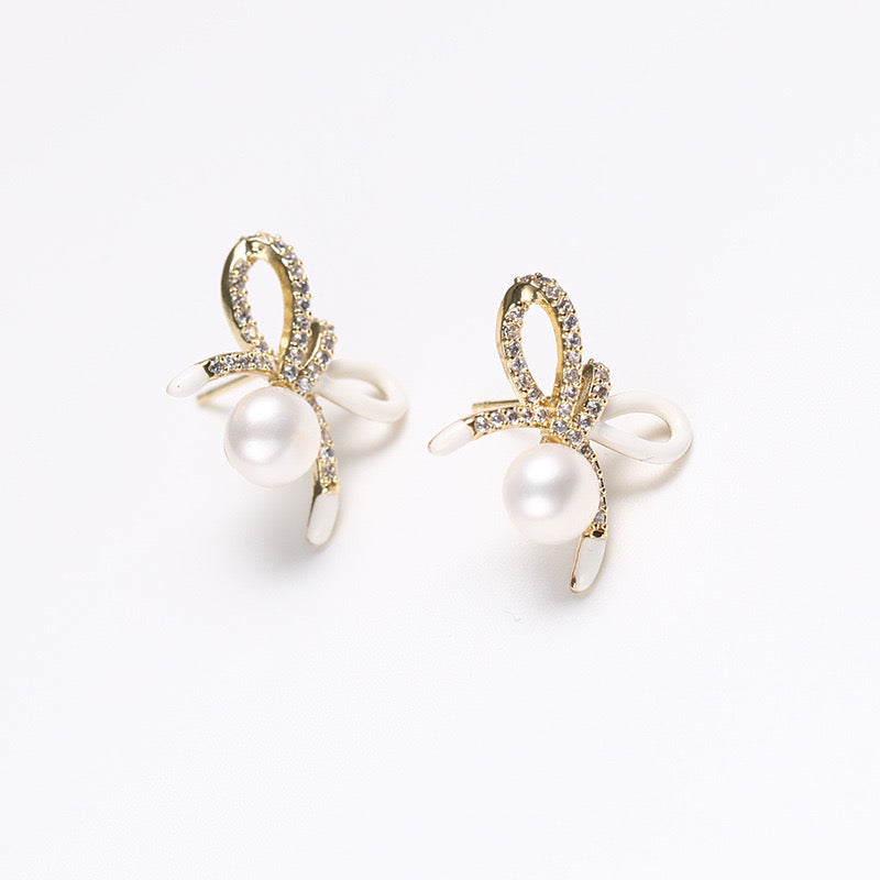 Genuine Freshwater Pearl Solid S925 Silver Lucky Bow Earrings