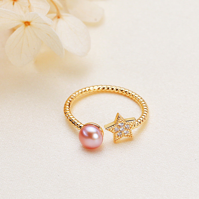 Brass Plated with 18K Gold Genuine Freshwater Pearl Star Ring