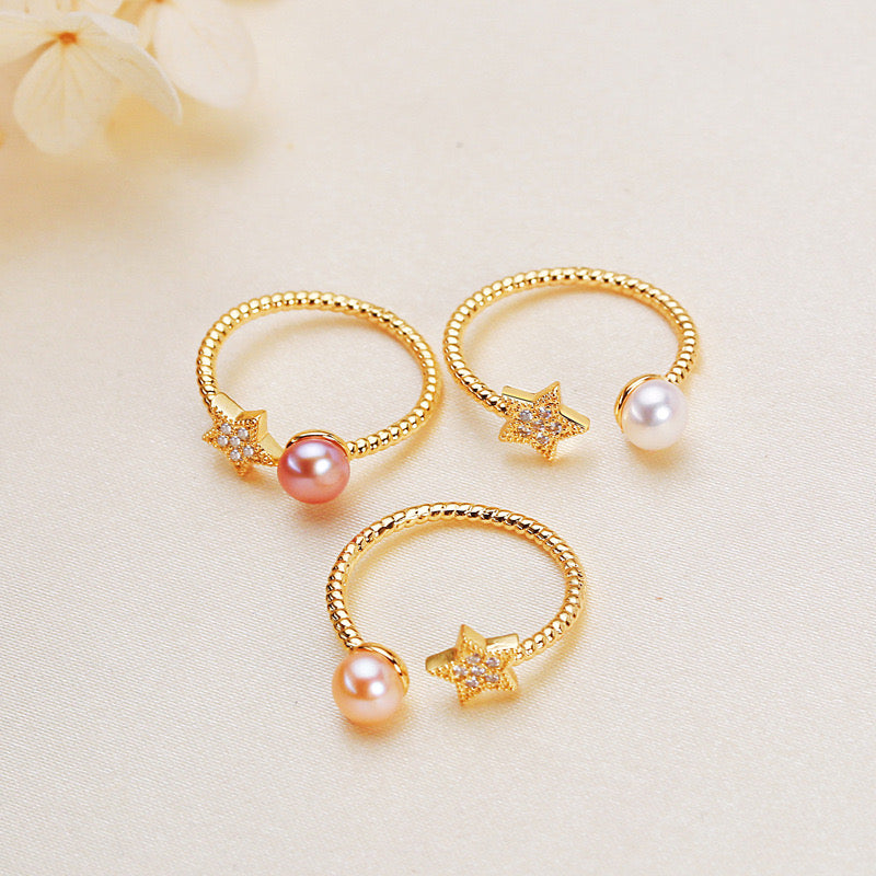 Brass Plated with 18K Gold Genuine Freshwater Pearl Star Ring