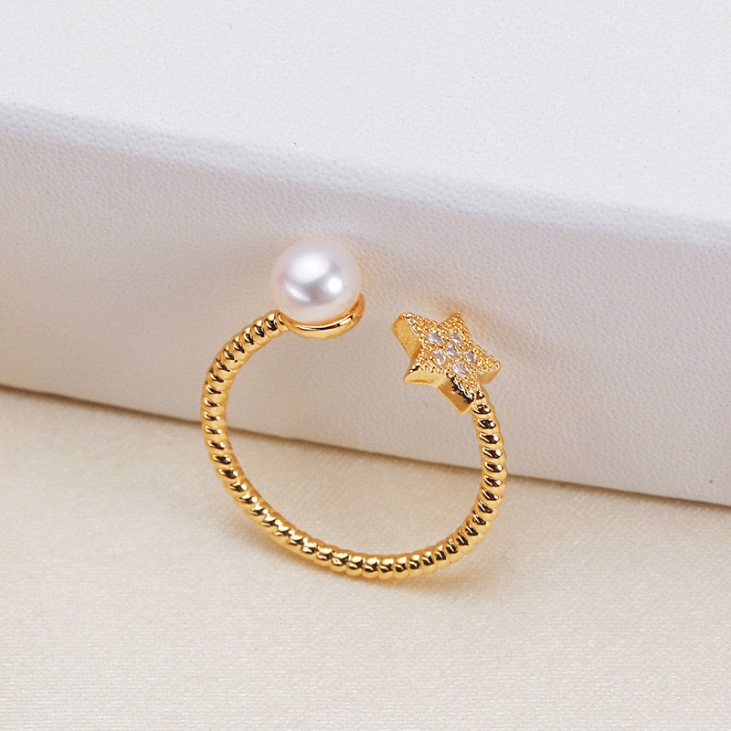 Brass Plated with 18K Gold Genuine Freshwater Pearl Star Ring