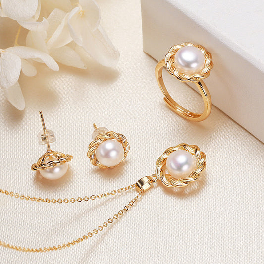 Brass Plated with 18K Gold Genuine Freshwater Pearl Peace Set