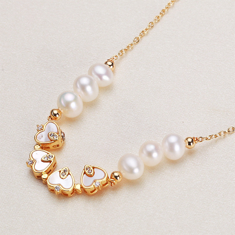 Brass Plated with 18K Gold Genuine Freshwater Pearl Lucky Heart Necklace