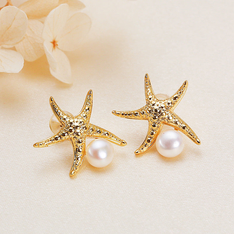 Brass Plated with 18K Gold Genuine Freshwater Pearl Starfish Earrings