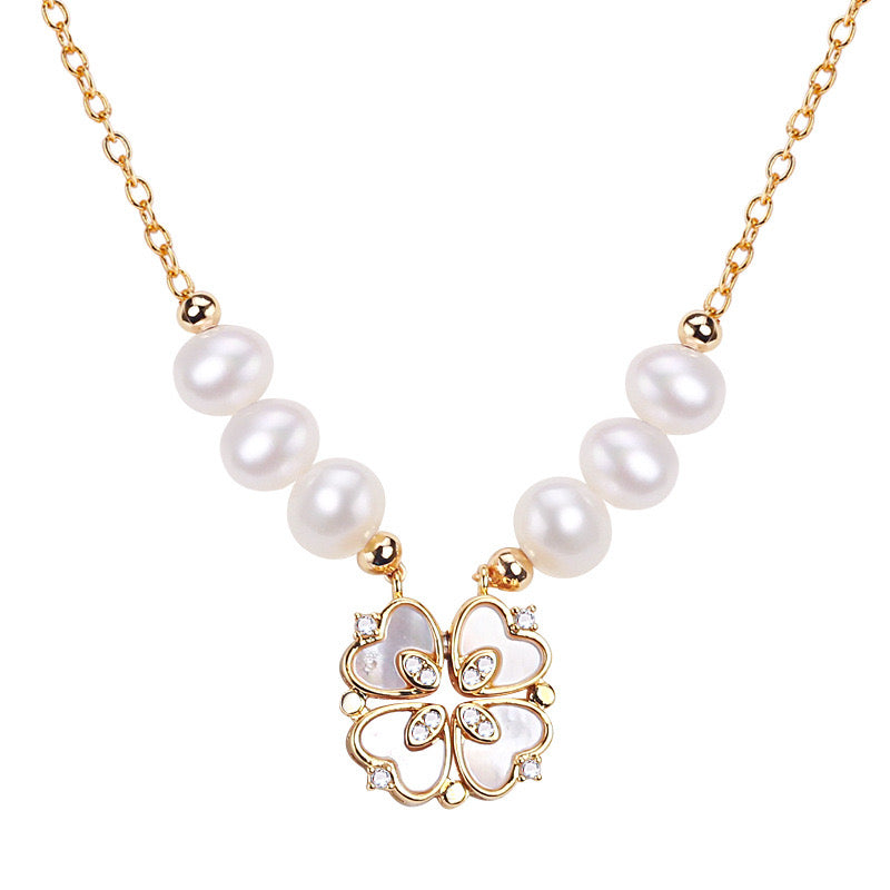 Brass Plated with 18K Gold Genuine Freshwater Pearl Lucky Heart Necklace