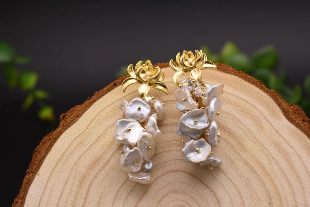 Genuine Freshwater Baroque Pearl Epiphyllum Earrings