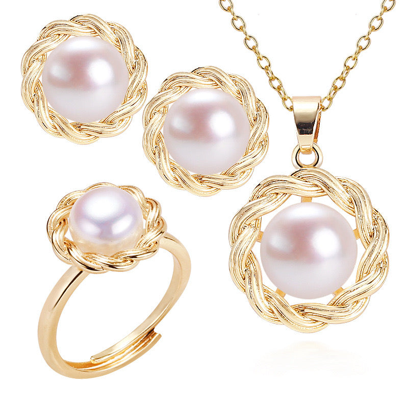 Brass Plated with 18K Gold Genuine Freshwater Pearl Peace Set