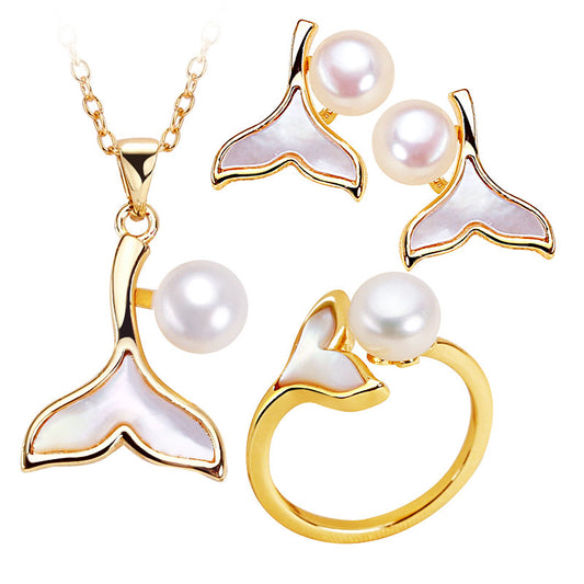 Brass Plated with 18K Gold Genuine Freshwater Pearl Whale Set