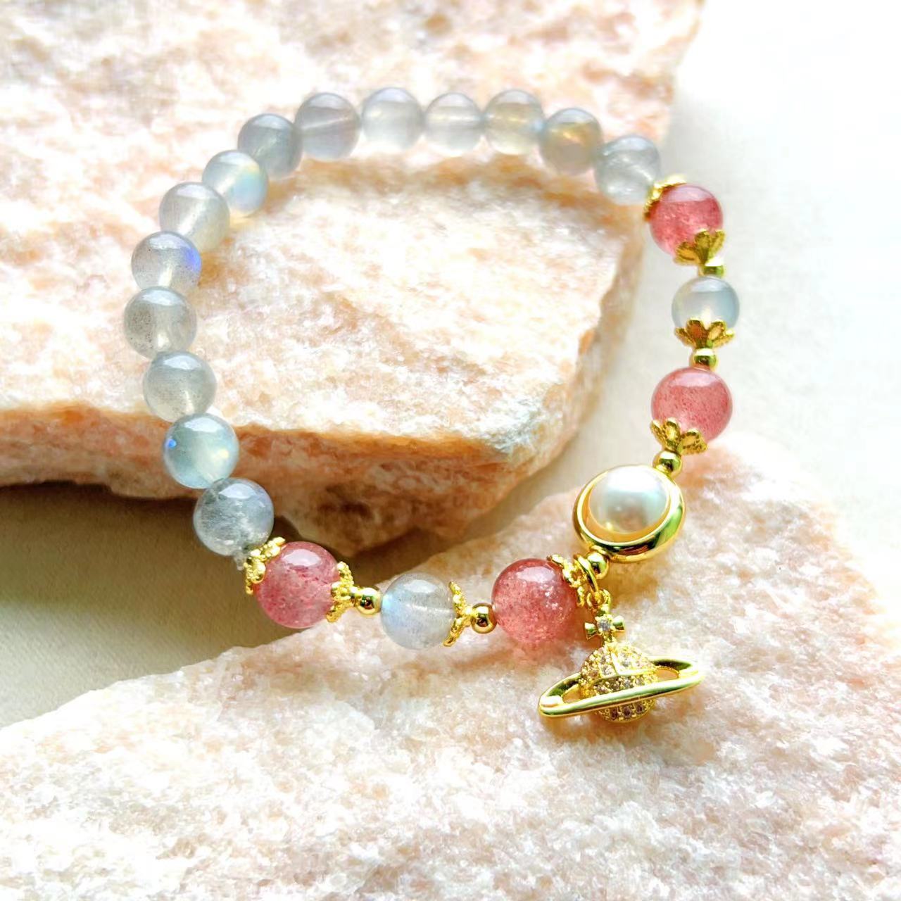 Moonstone & Strawberry Crystal Saturn Bracelet