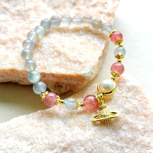 Moonstone & Strawberry Crystal Saturn Bracelet