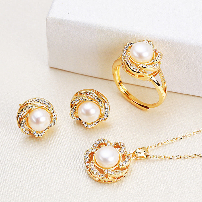 Brass Plated with 18K Gold Genuine Freshwater Pearl Rose Dew Set