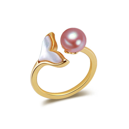 Brass Plated with 18K Gold Genuine Freshwater Pearl Whale Tail Ring