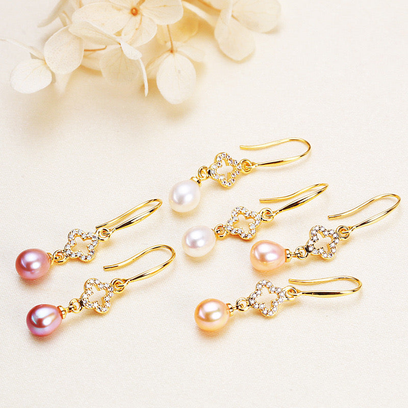 Brass Plated with 18K Gold Genuine Freshwater Pearl Golden Clover Earrings