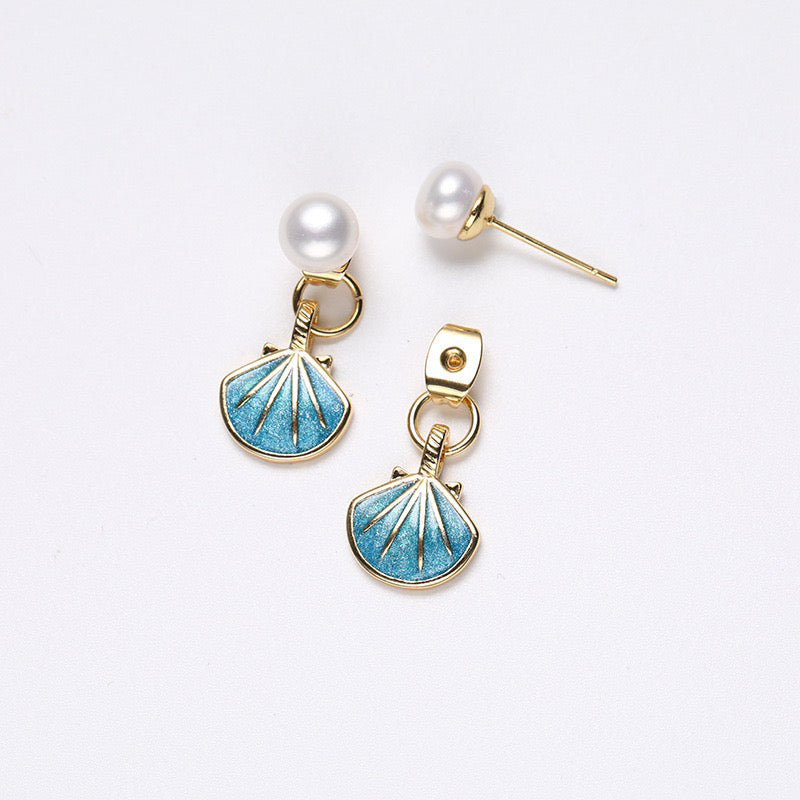 Genuine Freshwater Pearl Solid S925 Silver Blue Shell Earrings