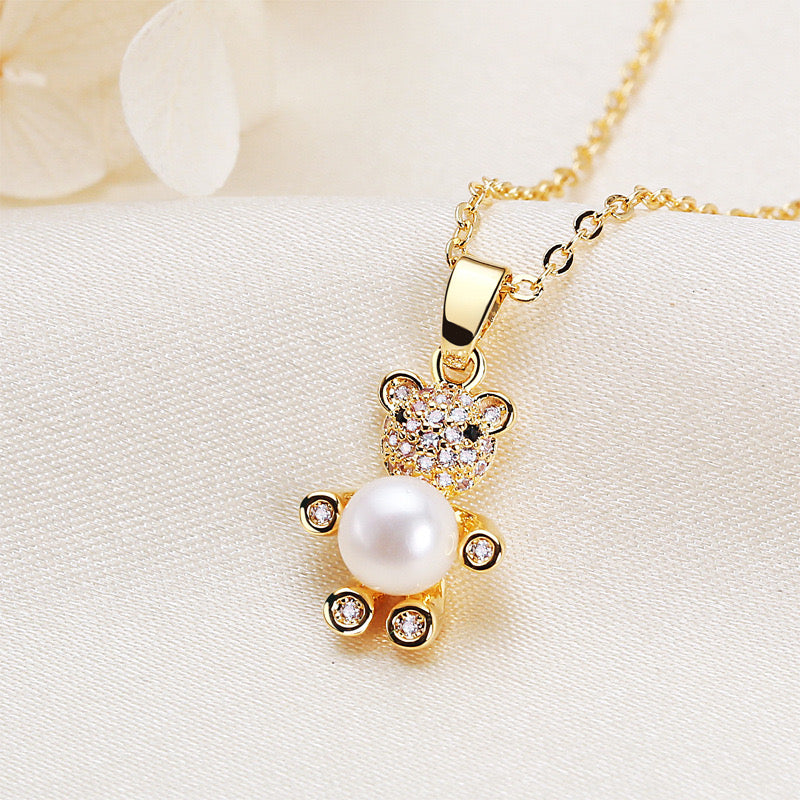 Brass Plated with 18K Gold Genuine Freshwater Pearl Hug Bear Set