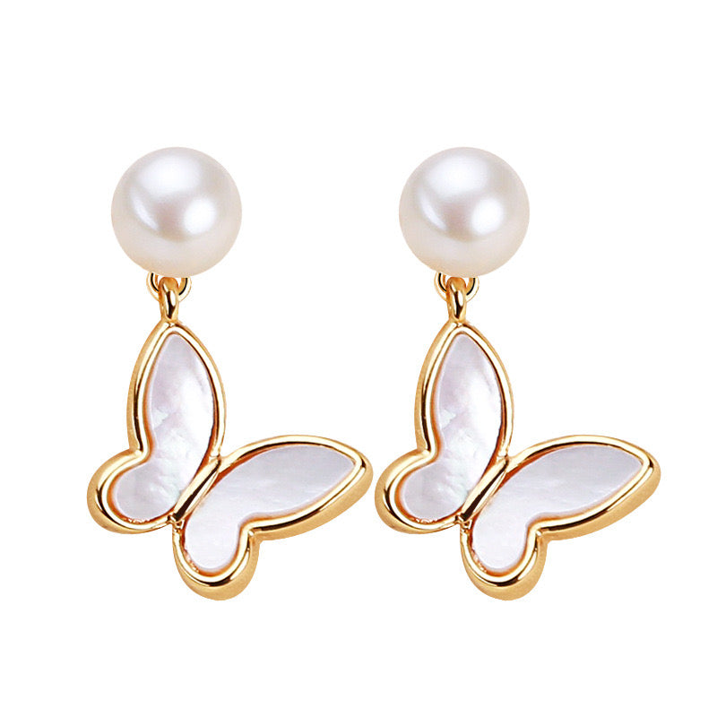 Solid S925 Silver Genuine Freshwater Pearl Butterfly Earrings