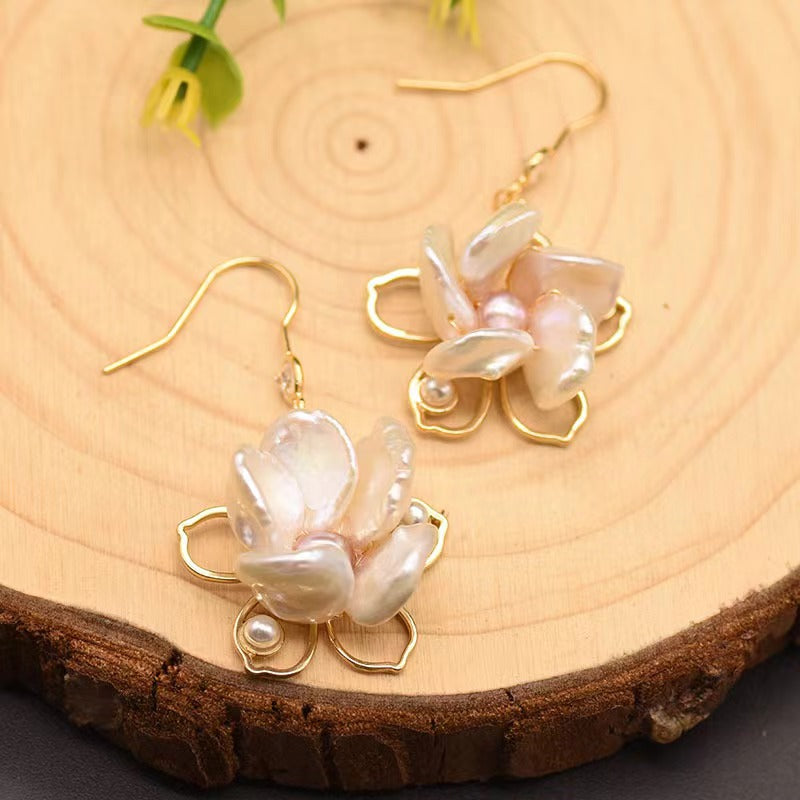 Genuine Freshwater Baroque Pearl Lotus Earrings