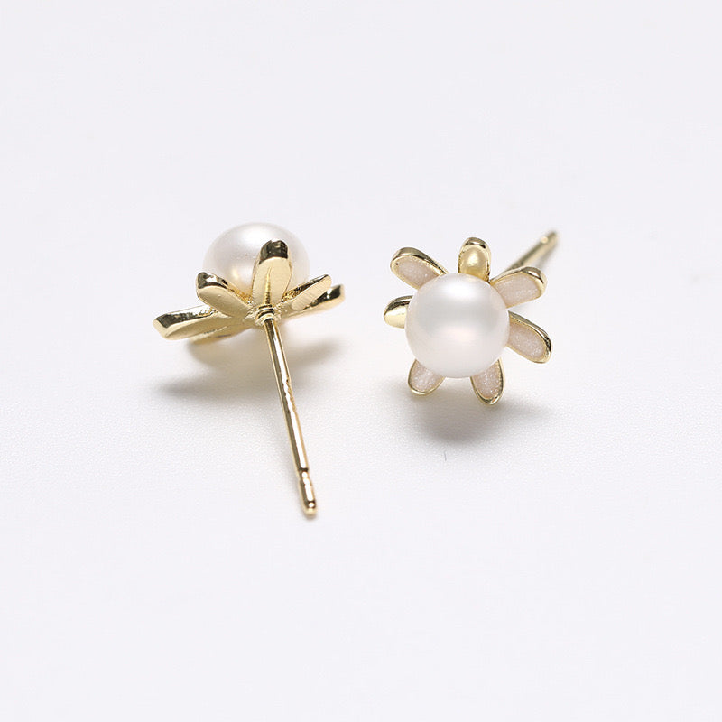 Genuine Freshwater Pearl Solid S925 Silver Golden Sunflower Earrings