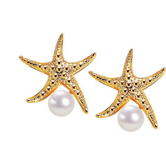 Brass Plated with 18K Gold Genuine Freshwater Pearl Starfish Earrings