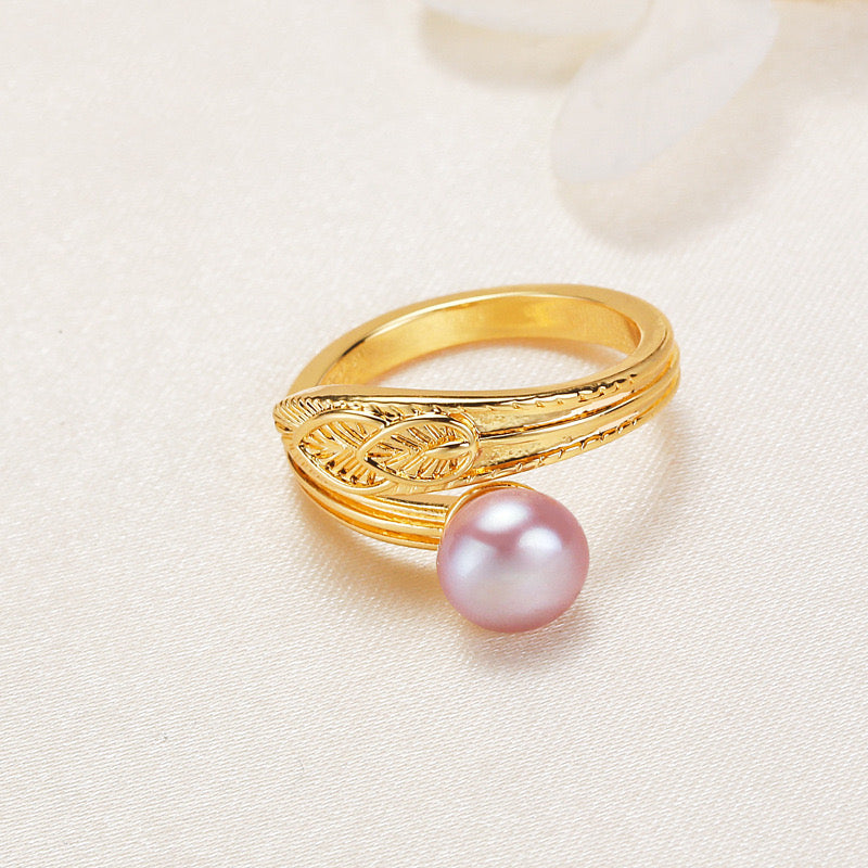 Brass Plated with 18K Gold Genuine Freshwater Pearl Wings Ring