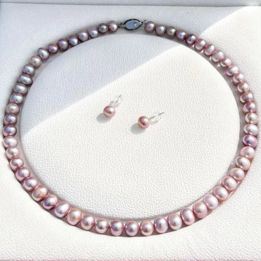 Genuine Freshwater Round Purple Pearl Solid S925 Silver Necklace Set
