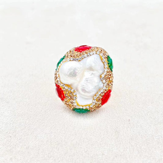 Genuine Natural Baroque Pearl & Natural Tourmaline Drezner Ring