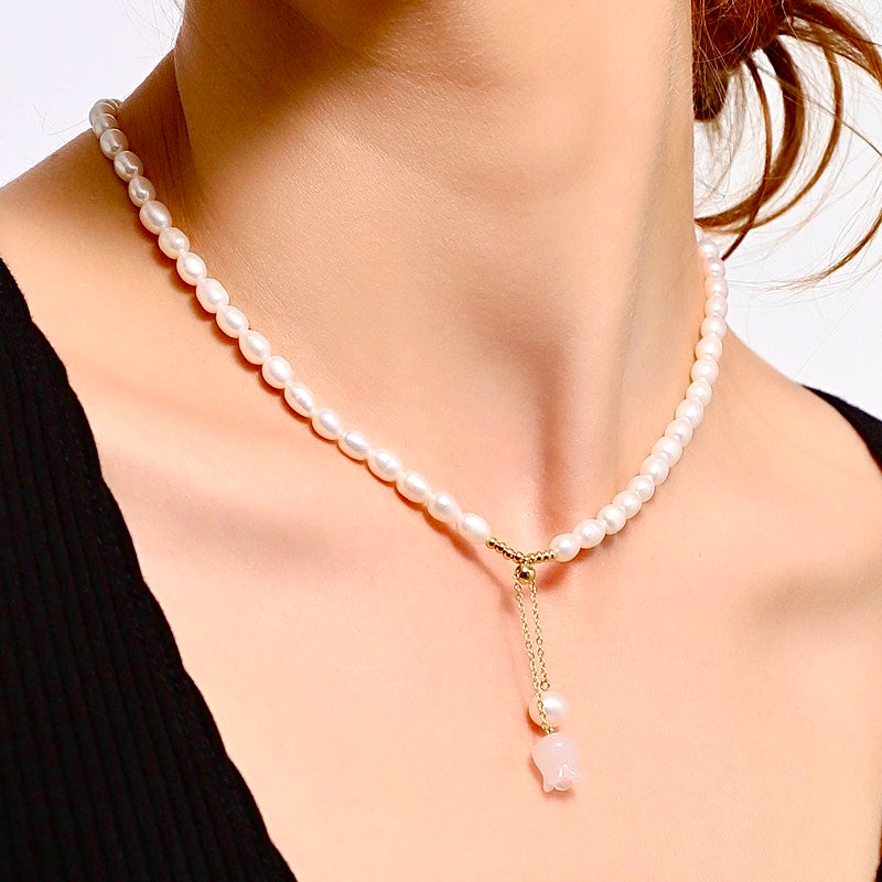 Genuine Freshwater Baroque Pearl Jade Rose Necklace