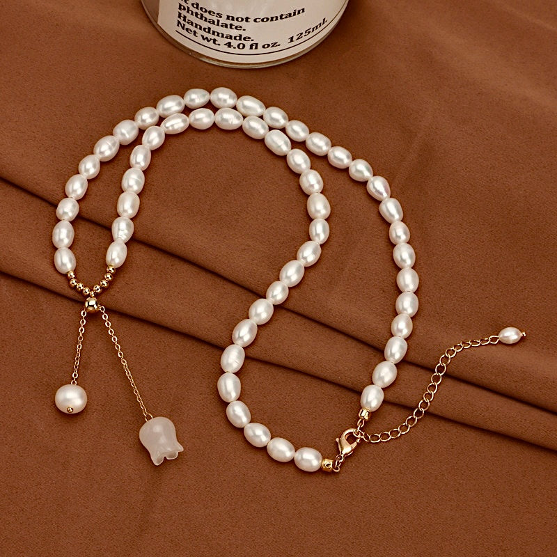 Genuine Freshwater Baroque Pearl Jade Rose Necklace