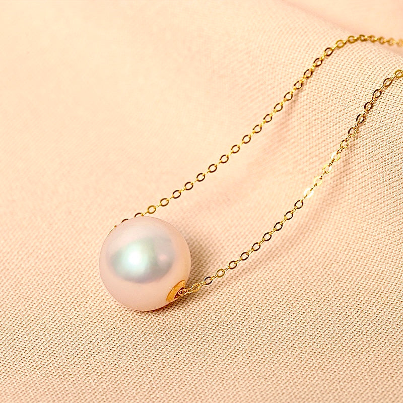 Solid 18K Gold Genuine Freshwater 11-12mm White Pearl Floating Candy Necklace