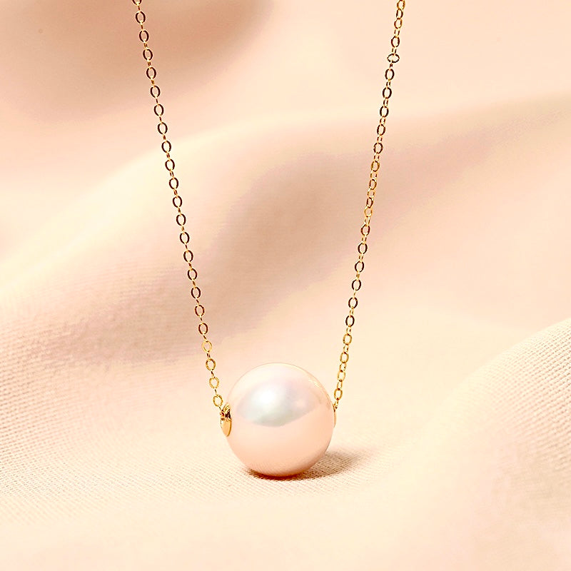 Solid 18K Gold Genuine Freshwater 11-12mm White Pearl Floating Candy Necklace