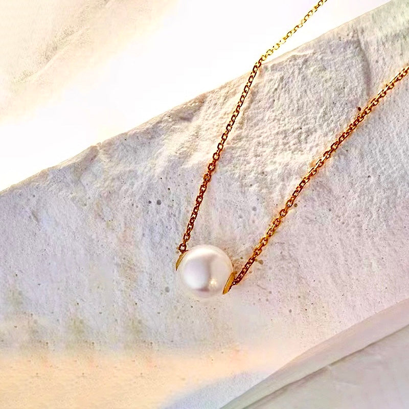 Solid 18K Gold Genuine Freshwater 11-12mm White Pearl Floating Candy Necklace