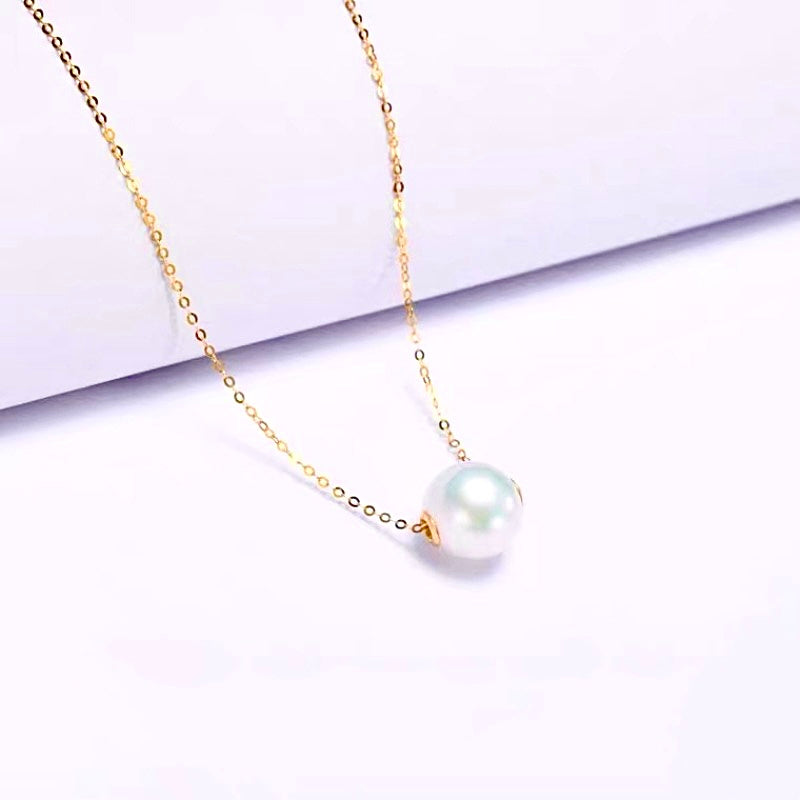 Solid 18K Gold Genuine Freshwater 11-12mm White Pearl Floating Candy Necklace