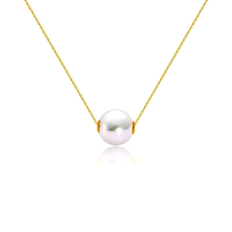 Solid 18K Gold Genuine Freshwater 11-12mm White Pearl Floating Candy Necklace